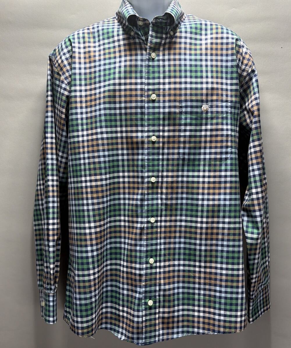COTTON BROTHERS Men’s L Gingham Wrinkle Free Button Up Shirt Long Sleeve Cotton
